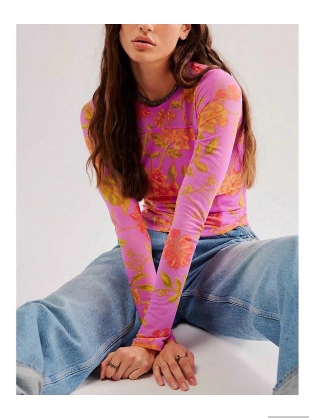Pink Floral Sheer Mesh Fitted Long Sleeve Shirt - Picture 3 of 5